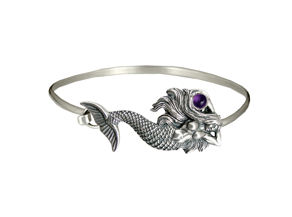 Sterling Silver Mermaid Strap Latch Spring Hook Bangle Bracelet With Amethyst